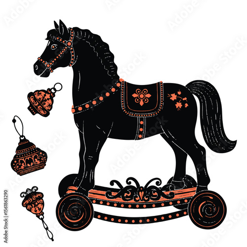 Black silhouette of a carousel horse with assembly parts shown separately, clouds and ornamental foliage around, white background