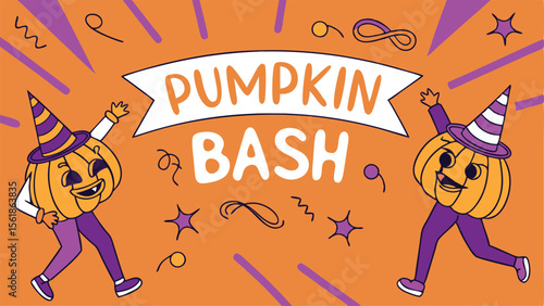 two pumpkin characters celebrating a pumpkin bash on orange background