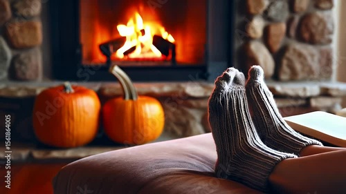 Cozy feet in socks by a fireplace with pumpkins