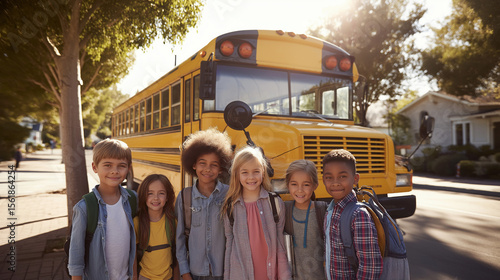 Smiling schoolchildren standing in front of yellow school bus