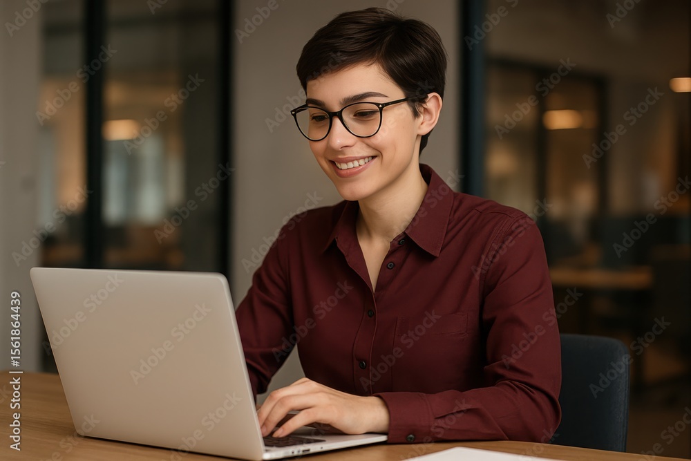 Fototapeta premium Smiling woman with glasses typing on laptop in bright home office