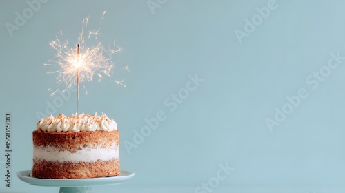 Birthday cake with sparkler on pastel blue background for celebration