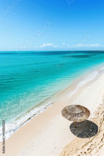 Wallpaper Mural Clear turquoise water under a blue sky with a straw umbrella on a sandy beach during midday. Copy space Torontodigital.ca