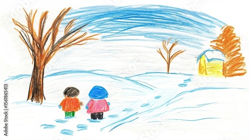 A crayon drawing of two children walking in a snowy landscape with trees and a house