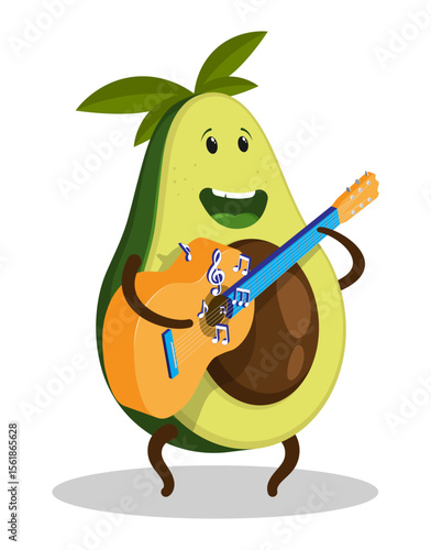 Cheerful avocado character musician guitarist plays and sings on the guitar. Impromptu street concert. Cartoon vector isolated on white background