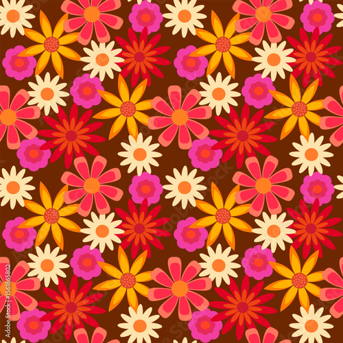 Seamless Retro Floral Pattern with Bright Colorful Flowers on Brown Background
