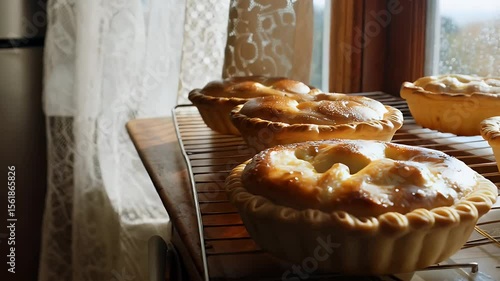 Freshly baked pies cooling on a wire rack