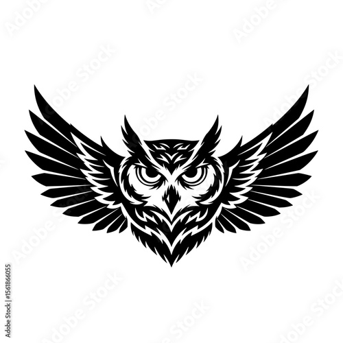 Detailed vector illustration of an owl's head and widely spread wings