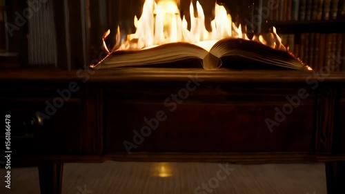 Open book on a table engulfed in flames.