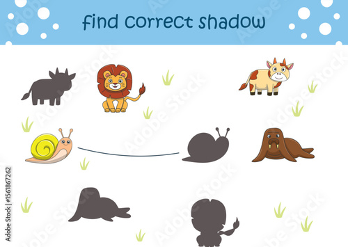 Funny cartoon wild life. Find the correct shadow. Kids Education games. Cartoon vector illustration