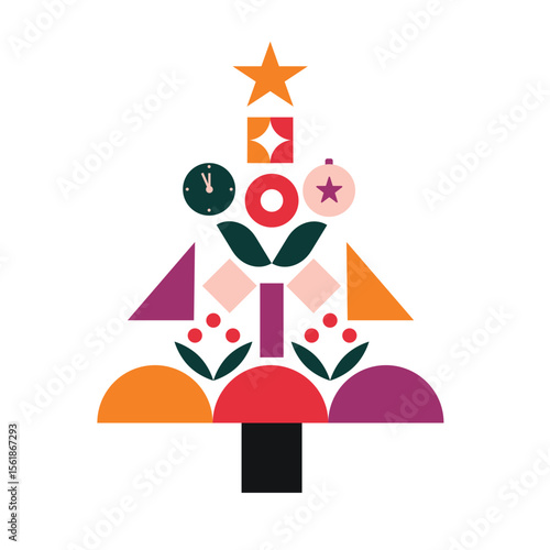 Christmas geometric pine tree of abstract bauhaus pattern, vector holiday banner. Christmas ornament of simple shapes with circle baubles mosaic and green geometric branches for web, mobile, post card