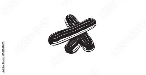 Two delicious chocolate eclairs crossed on a white plate silhouette