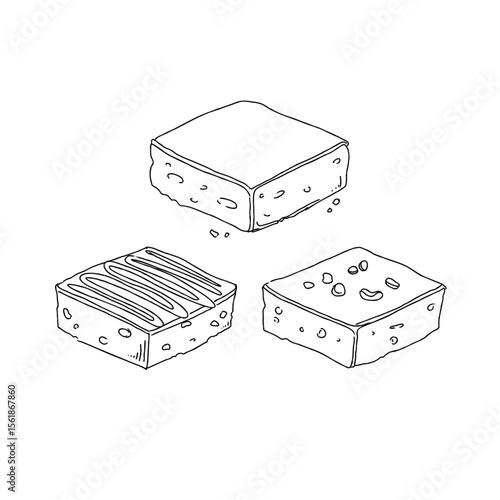 Hand drawn illustration of three squares of dessert