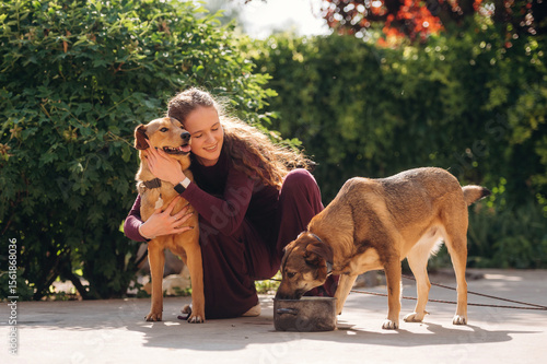 Canvas Print Peaceful and happy. Woman is with dogs outdoors