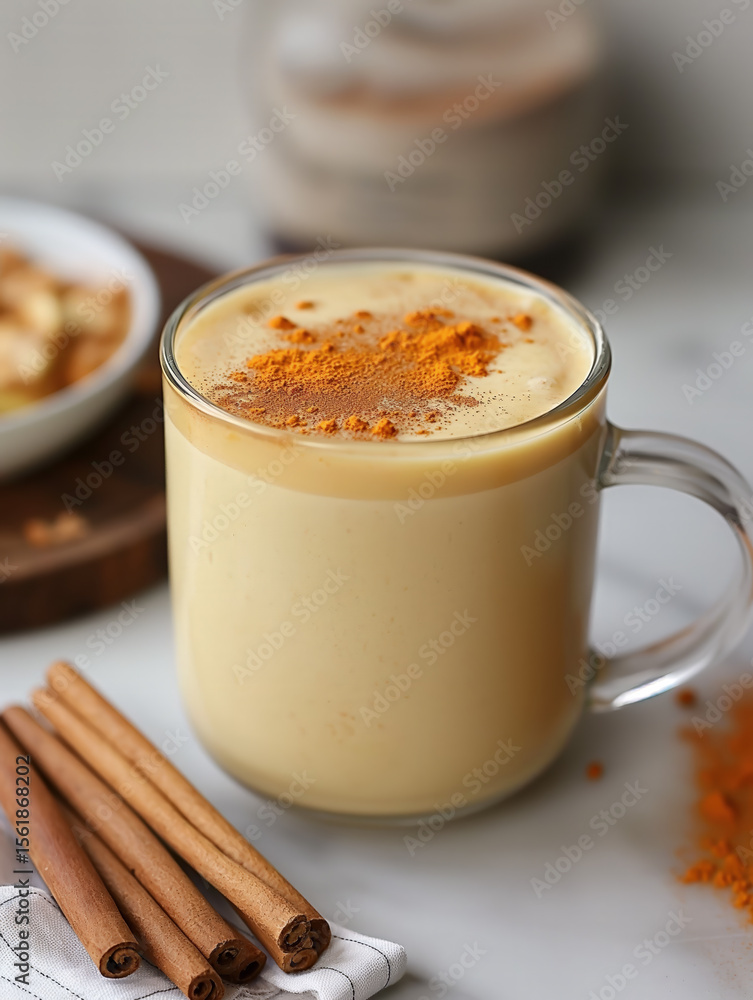 Clear glass cup of hot golden turmeric milk with cinnamon sticks on kitchen counter Clear glass cup of hot golden turmeric milk with cinnamon sticks on kitchen counter