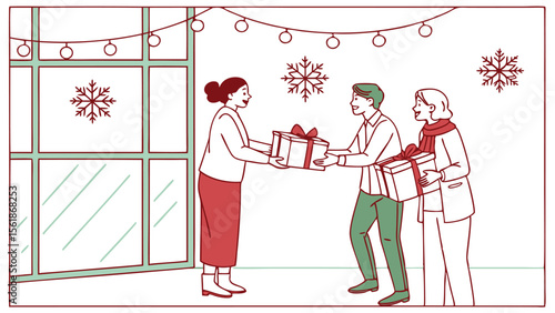 People exchanging gifts near a window decorated with snowflakes and string lights during the holidays