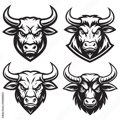 Black and white vector illustration of a bull and cow head in cartoon set farm style