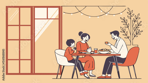 A family of three is enjoying a meal together at a table near a window with string lights above them