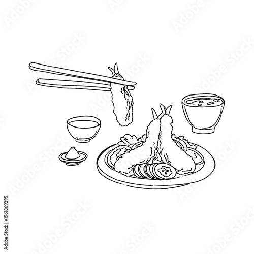 Hand-drawn illustration of fried shrimp with dipping sauce
