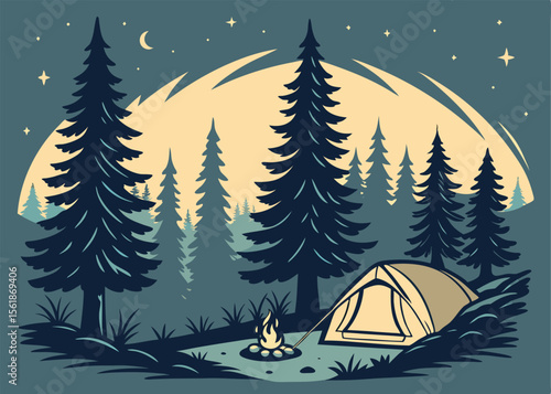 Campfire in night forest – vector illustration of glowing fire in dark woodland setting