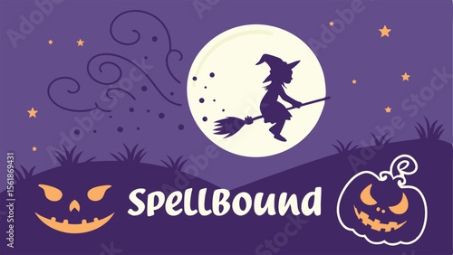 Silhouette of a witch flying on a broomstick across the moon with pumpkins and stars in the night sky