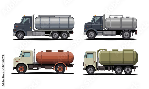Set of vector water tanker trucks, Transparent
