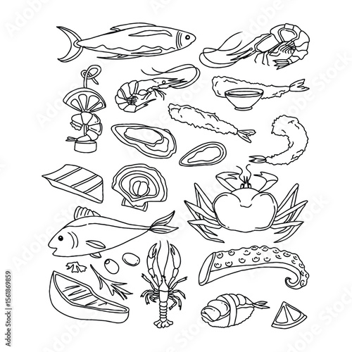 Hand-drawn seafood and sushi illustration
