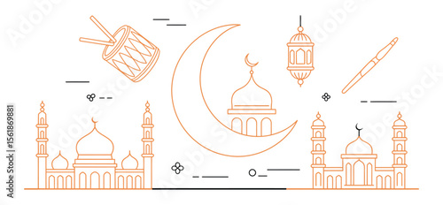 muharram celebration icons including crescent moon with arabic calligraphy, mosque silhouettes, ashura labels and festive lanterns