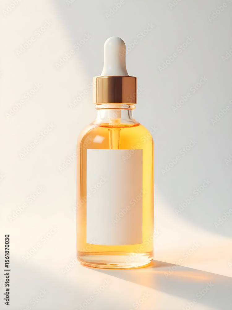 A single golden-hued dropper bottle, featuring a clean white label and cap, stands prominently against a bright background, suggesting premium skincare or essential oil A single golden-hued dropper bottle, featuring a clean white label and cap, stands prominently against a bright background, suggesting premium skincare or essential oil