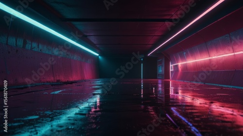 Fototapeta Naklejka Na Ścianę i Meble -  Futuristic neon tunnel with reflection, cyberpunk style place, violet and blue colors