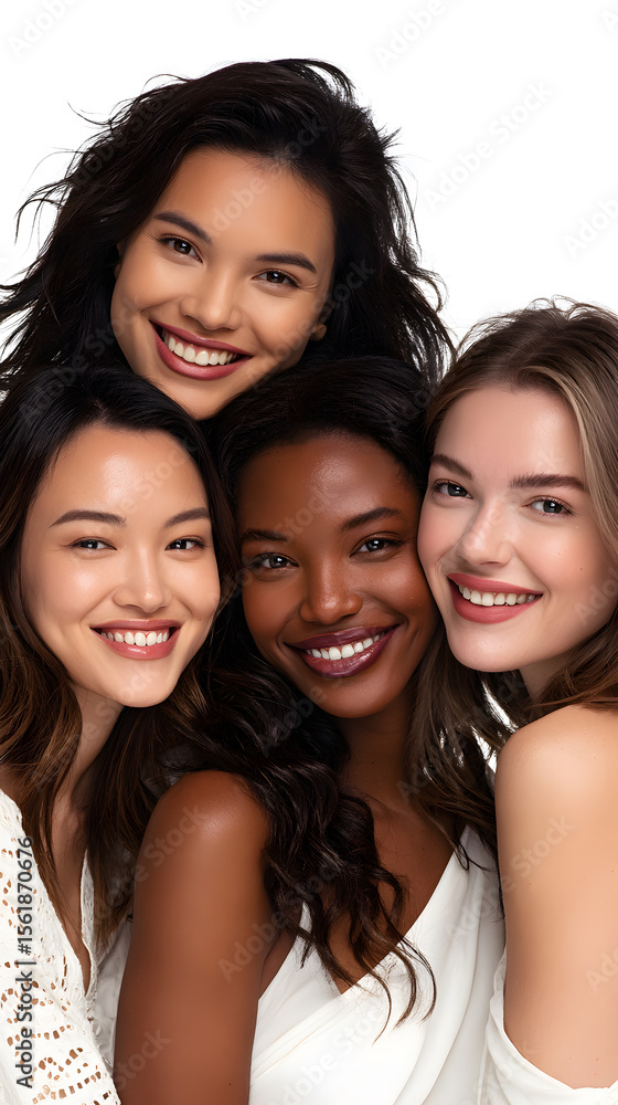 Fototapeta premium Close-up portrait of group young women with expressions, dark skin, minimal makeup, soft lighting, dark background.Ethnic beauty women face closeup healthy beautiful natural female protrait