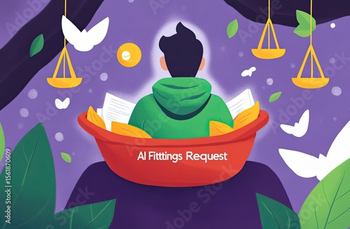 Person in green hoodie sits in a red bowl, surrounded by documents, butterflies, and scales of justice, under a tree canopy