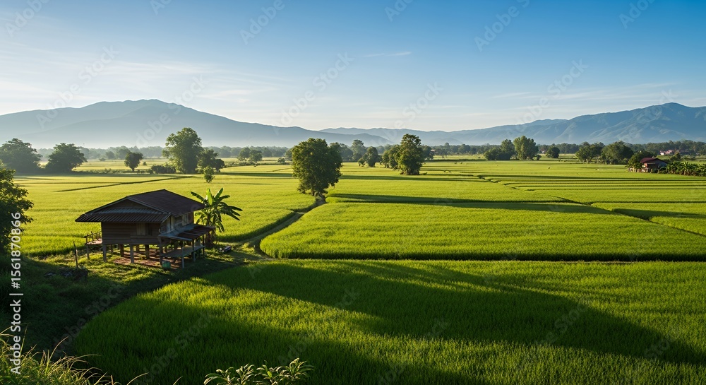 Obraz premium Green Rice Field with Rural House Under Blue Sky Mountains