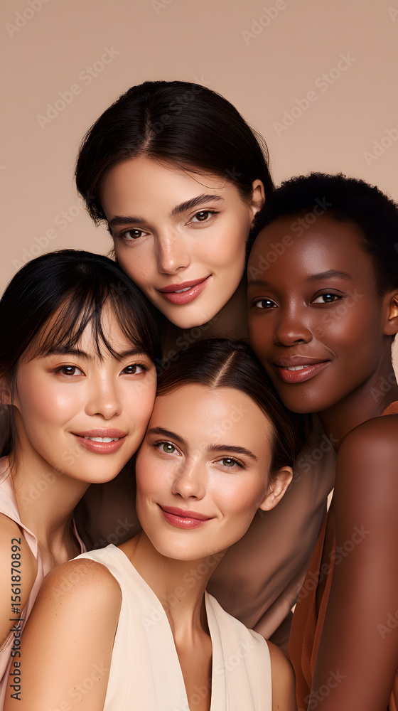 Obraz premium Close-up portrait of group young women with expressions, dark skin, minimal makeup, soft lighting, dark background.Ethnic beauty women face closeup healthy beautiful natural female protrait