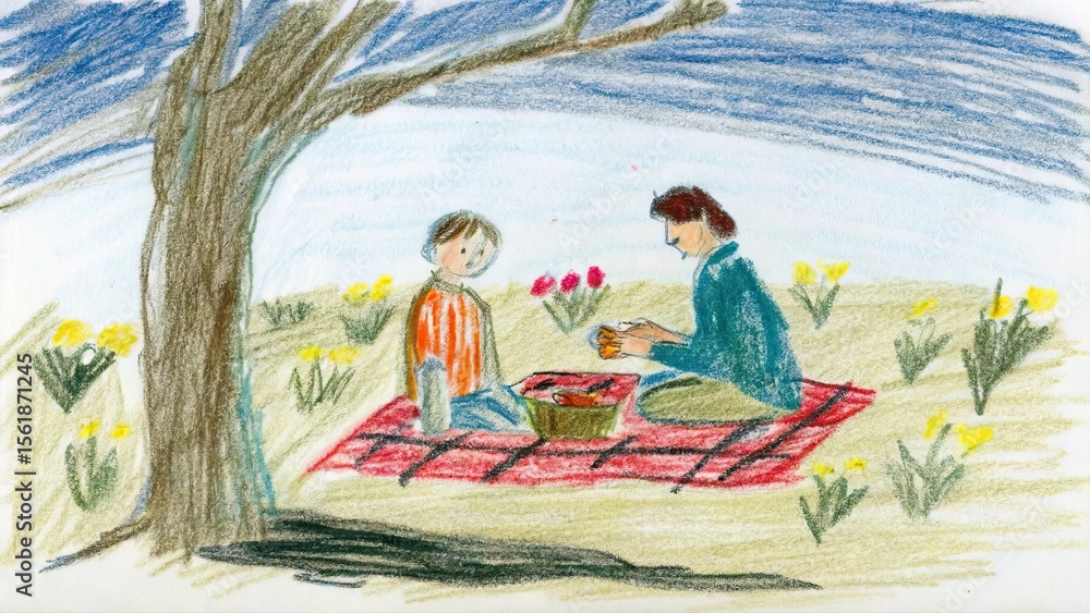 Obraz premium A crayon drawing of two people having a picnic under a tree with flowers around them