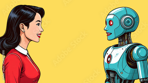 Ai robot and woman black hair on solid yellow background 16:9