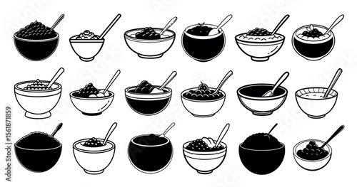 Black Silhouette of Acai Bowl with Spoon. Minimal Smooth Vector Design