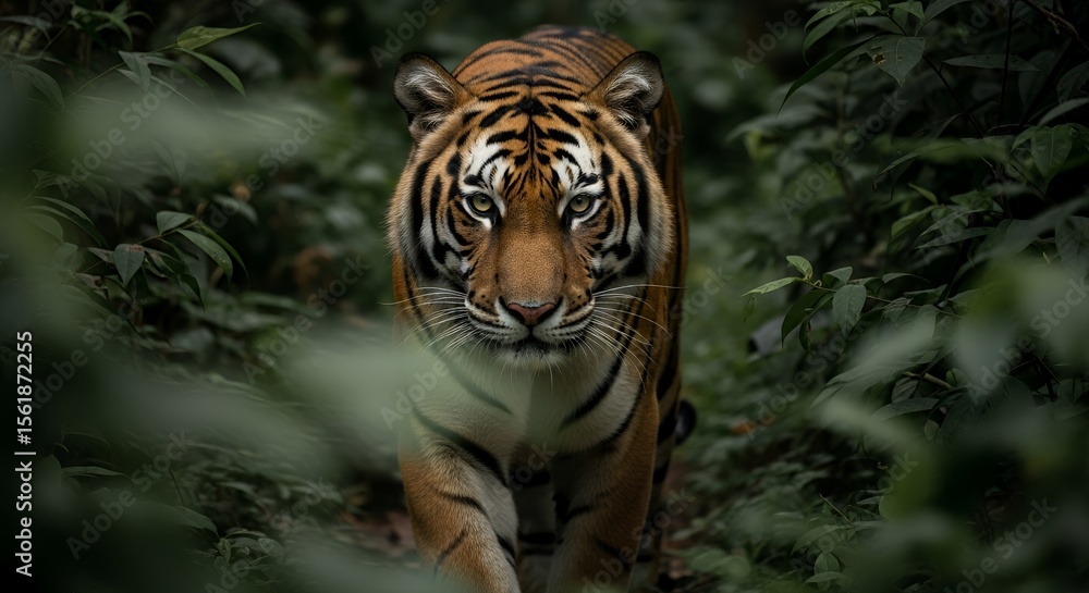 Fototapeta premium Orange Striped Tiger Walking in Dense Green Jungle Foliage