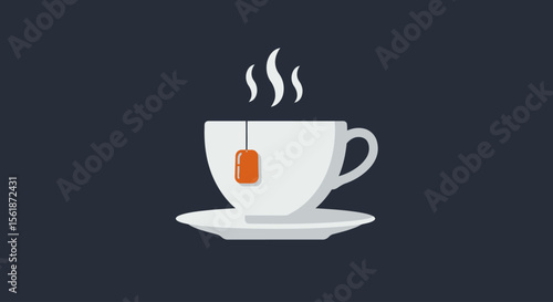 Illustration of a white teacup with a tea bag, steam rising, sitting on a saucer, against a dark background.