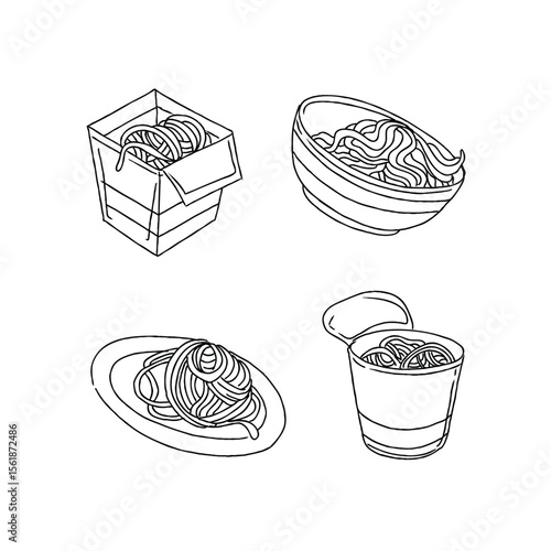 Noodles in various containers