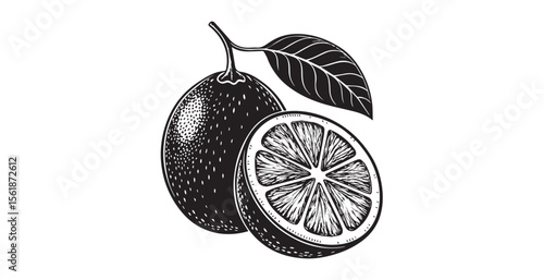 Detailed black and white illustration of a whole orange and a sliced orange with leaf silhouette