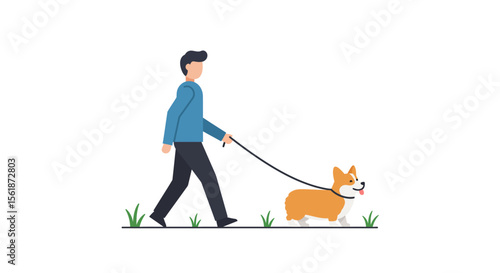A man walks a corgi dog on a leash in a simple, flat design.