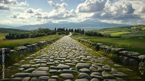 Ancient Roman Road, Italy, scenic countryside, mountains in the distance
