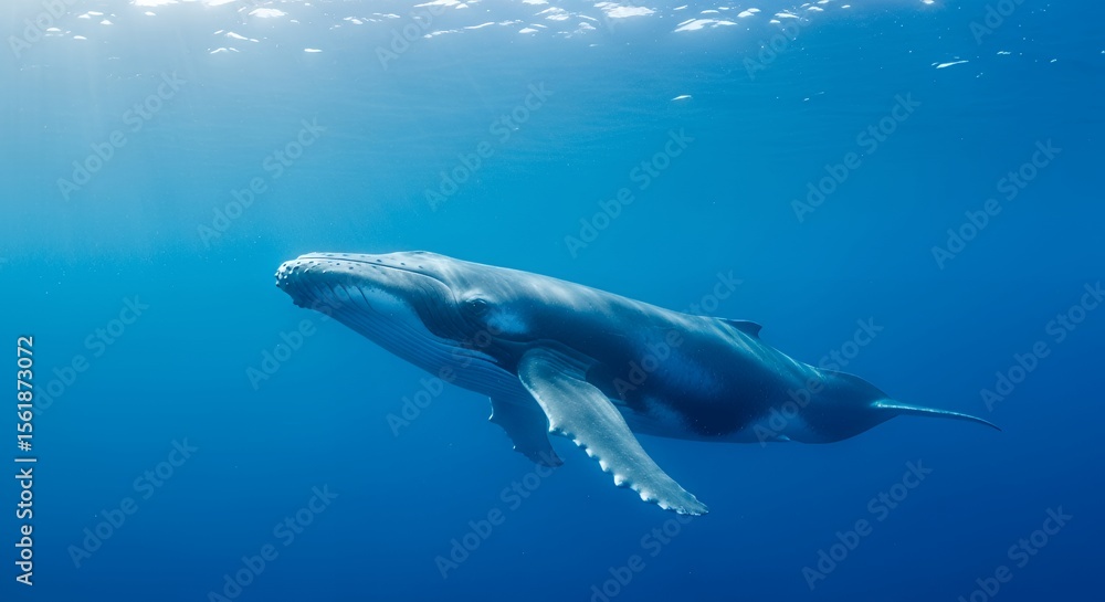 Fototapeta premium Swimming Humpback Whale in Deep Blue Ocean with Sunlight