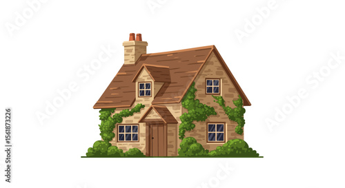 Charming stone cottage covered in ivy, featuring a brown roof and small windows.