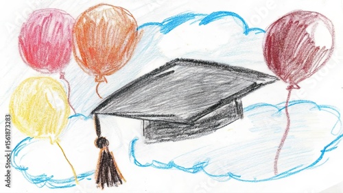A crayon drawing of a graduation cap surrounded by balloons and blue crayon clouds