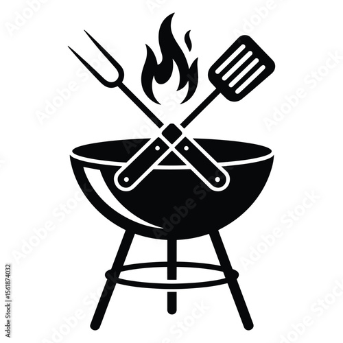 Barbecue grill with crossed spatula and fork and flames silhouette