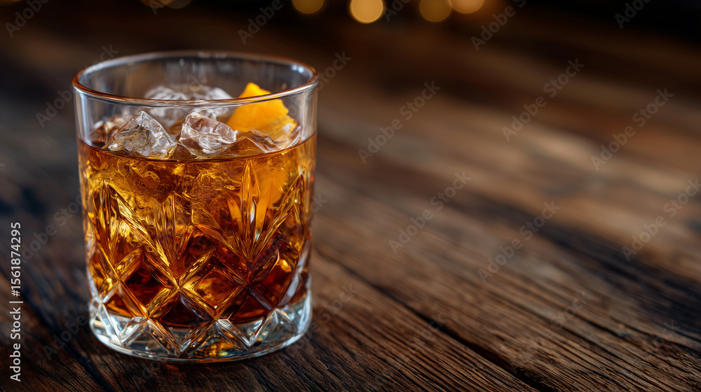 Elegant whisky drink with orange and ice in cut-glass tumbler, vibrant hues of amber and citrus glowing against dark polished wood, rich tones suggesting premium quality and herita Elegant whisky drink with orange and ice in cut-glass tumbler, vibrant hues of amber and citrus glowing against dark polished wood, rich tones suggesting premium quality and herita