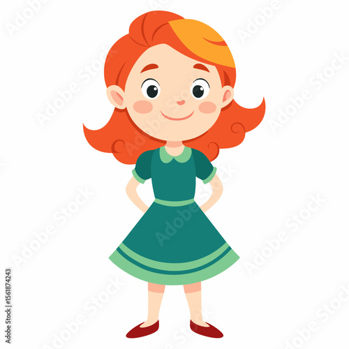 happy redhead girl, red hair girl, ginger girl, smiling girl, cheerful child, joyful girl, girl in dress, cute girl, full body girl, full-length girl, standing girl, cartoon girl, child character, red