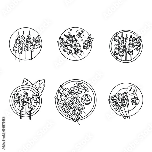 Simple black and white illustration of skewers of food on plates